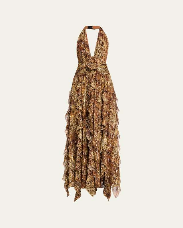 Emerance Animal-Print Plunging Ruffle Gown